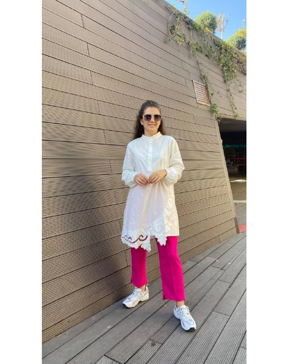 İnvee 6799 Beyaz Güpür Detaylı Tunik