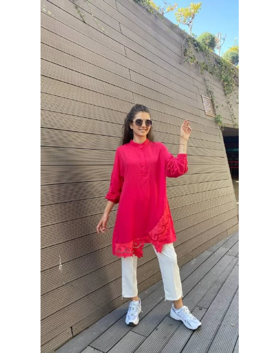 İnvee 6799 Fuşya Güpür Detaylı Tunik