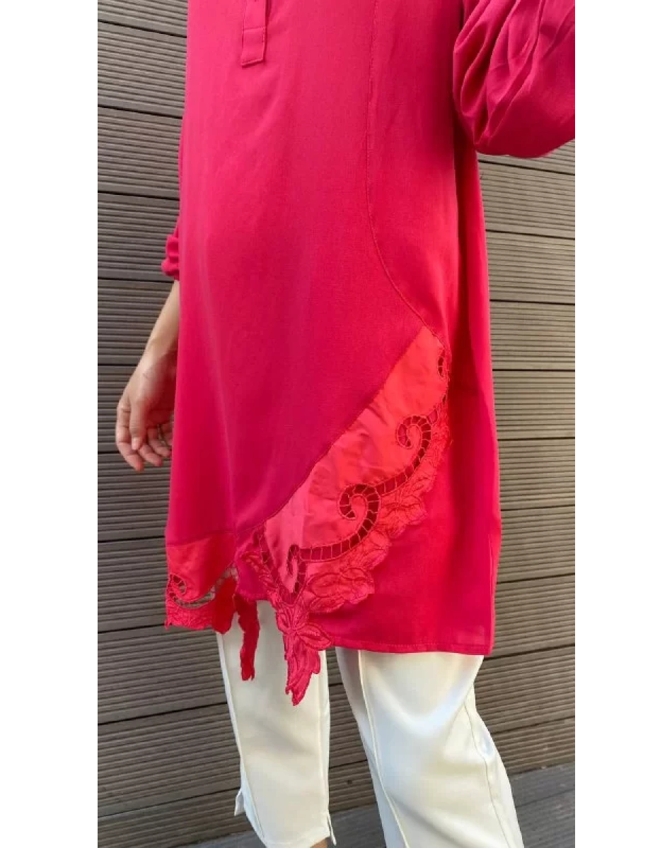 İnvee 6799 Fuşya Güpür Detaylı Tunik