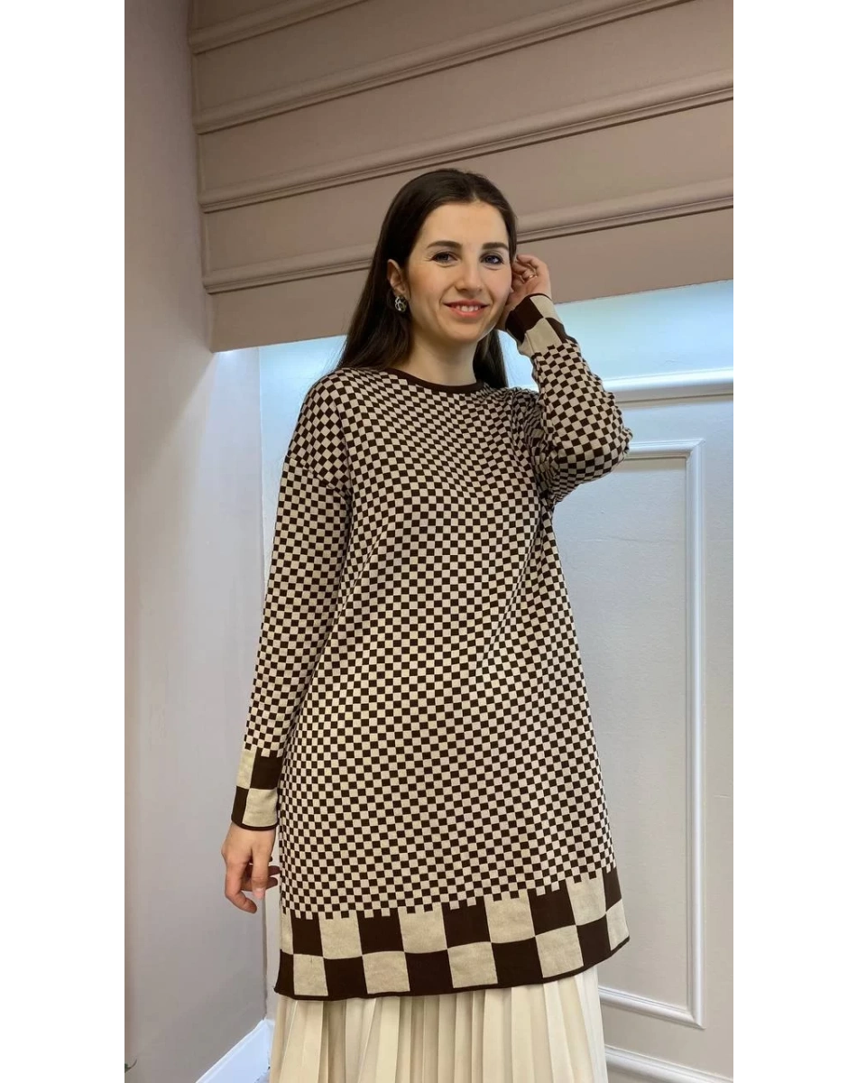 İnvee 6873 Kahve-Bej Küp Desenli Triko
