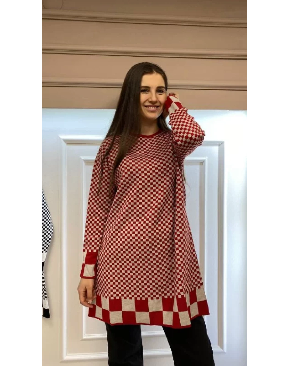 İnvee 6873 Kırmızı-Taş Küp Desenli Triko