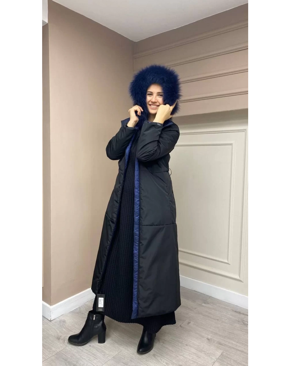 Ncl 22515 Siyah-Lacivert Çift Taraflı Ara Boy Kemerli Kaban