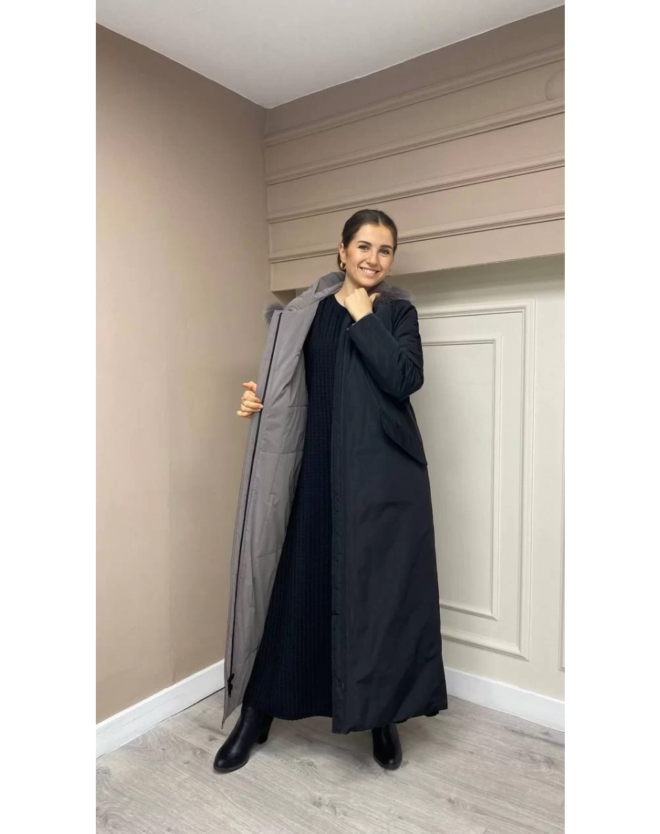 Ncl 22516 Siyah-Gri Şişme Çift Taraflı Tam Boy Kaban