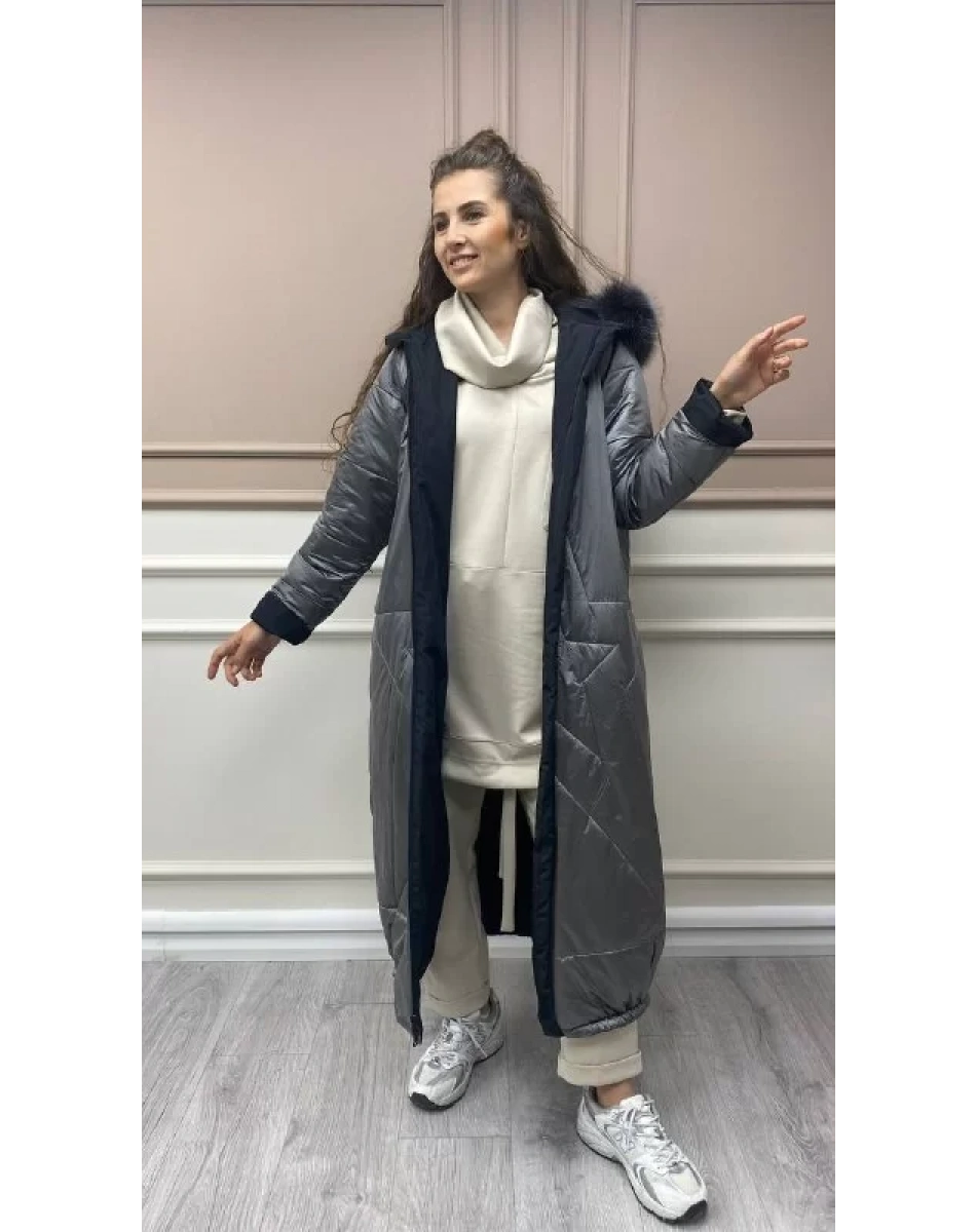 Ncl 22559 Gümüş-Siyah Çift Taraflı Şişme Şapkalı Mont