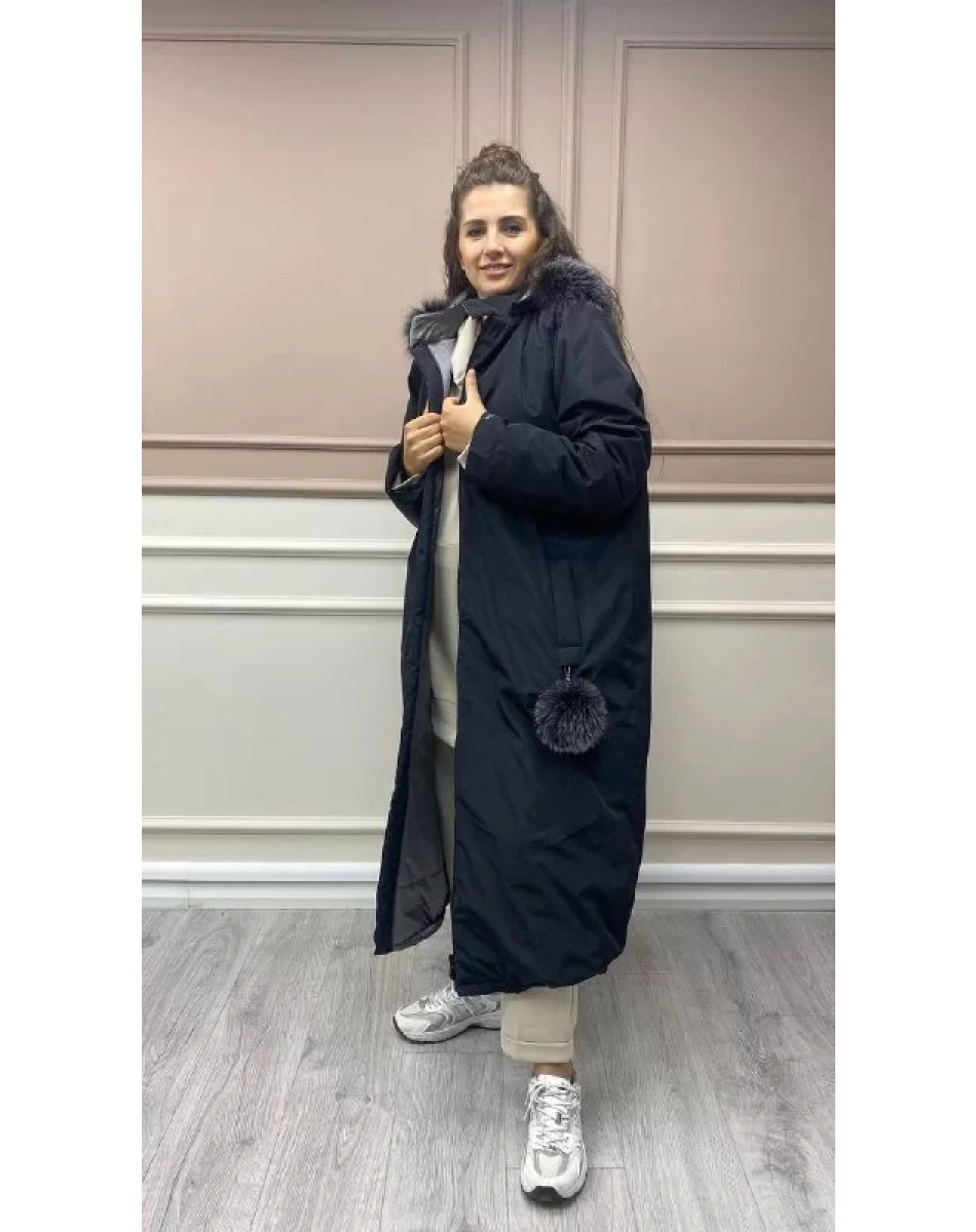 Ncl 22559 Gümüş-Siyah Çift Taraflı Şişme Şapkalı Mont