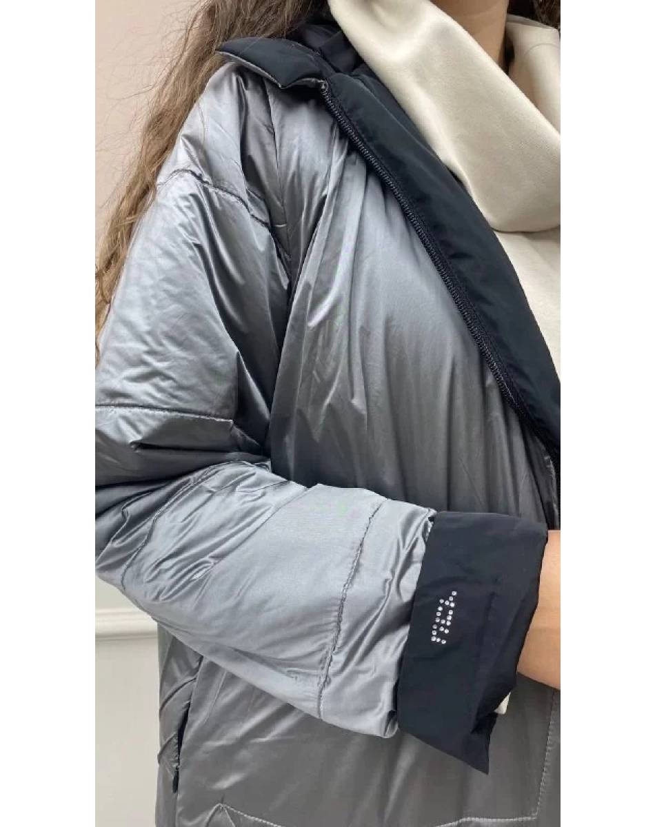 Ncl 22559 Gümüş-Siyah Çift Taraflı Şişme Şapkalı Mont