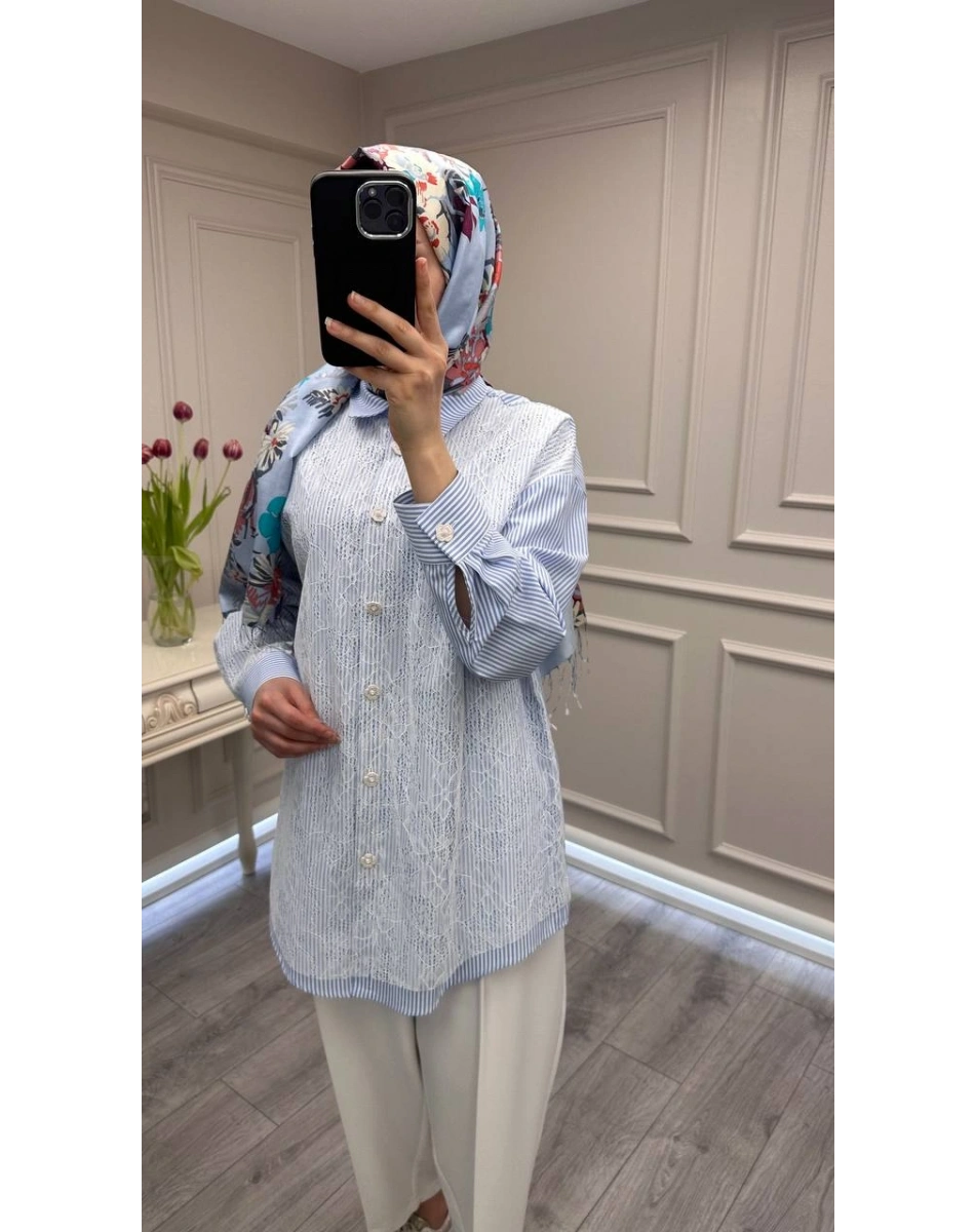 Ghisa 3610T4316 Mavi Önü Dantel Detaylı Tunik