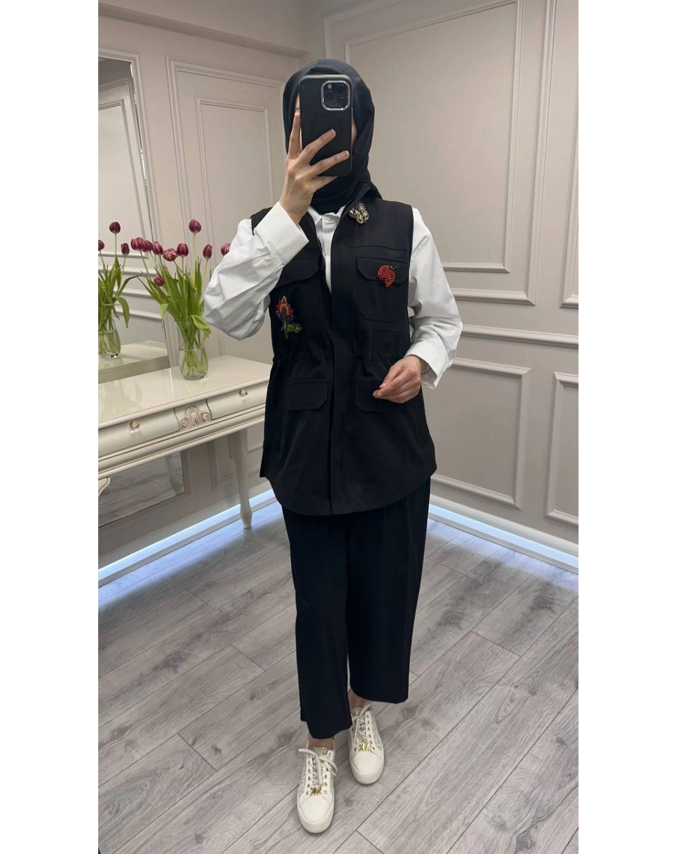 Ghisa 3610T9175 Siyah Broş Detaylı Yelekli Takım