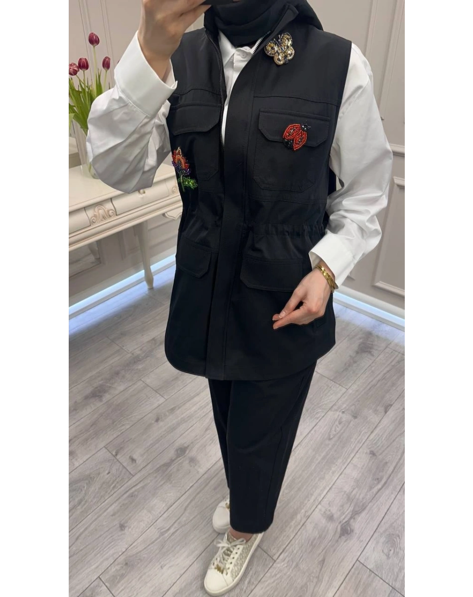 Ghisa 3610T9175 Siyah Broş Detaylı Yelekli Takım