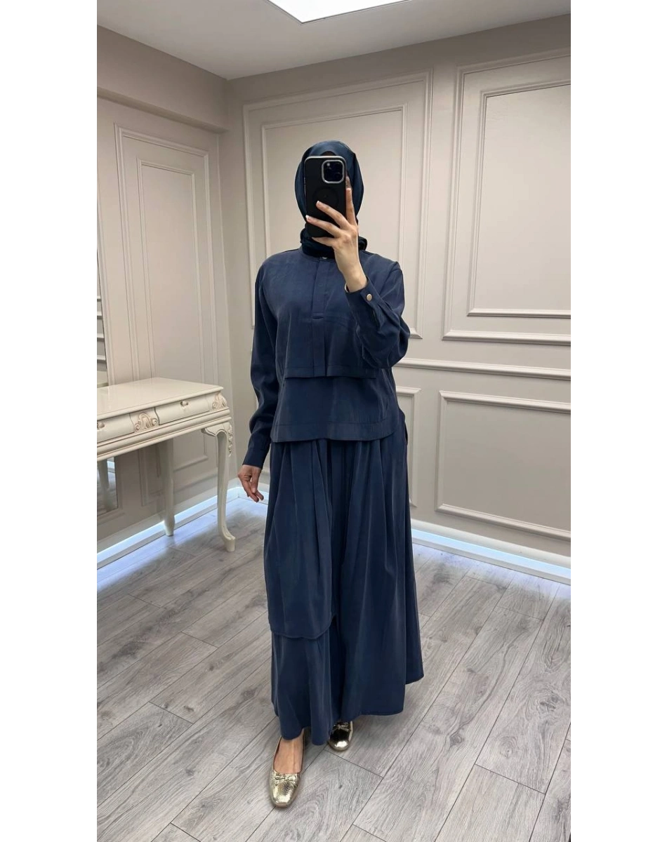 Hilay HLY0126Y101.007 Lacivert Bianca Allerli Asimetrik Etekli Takım