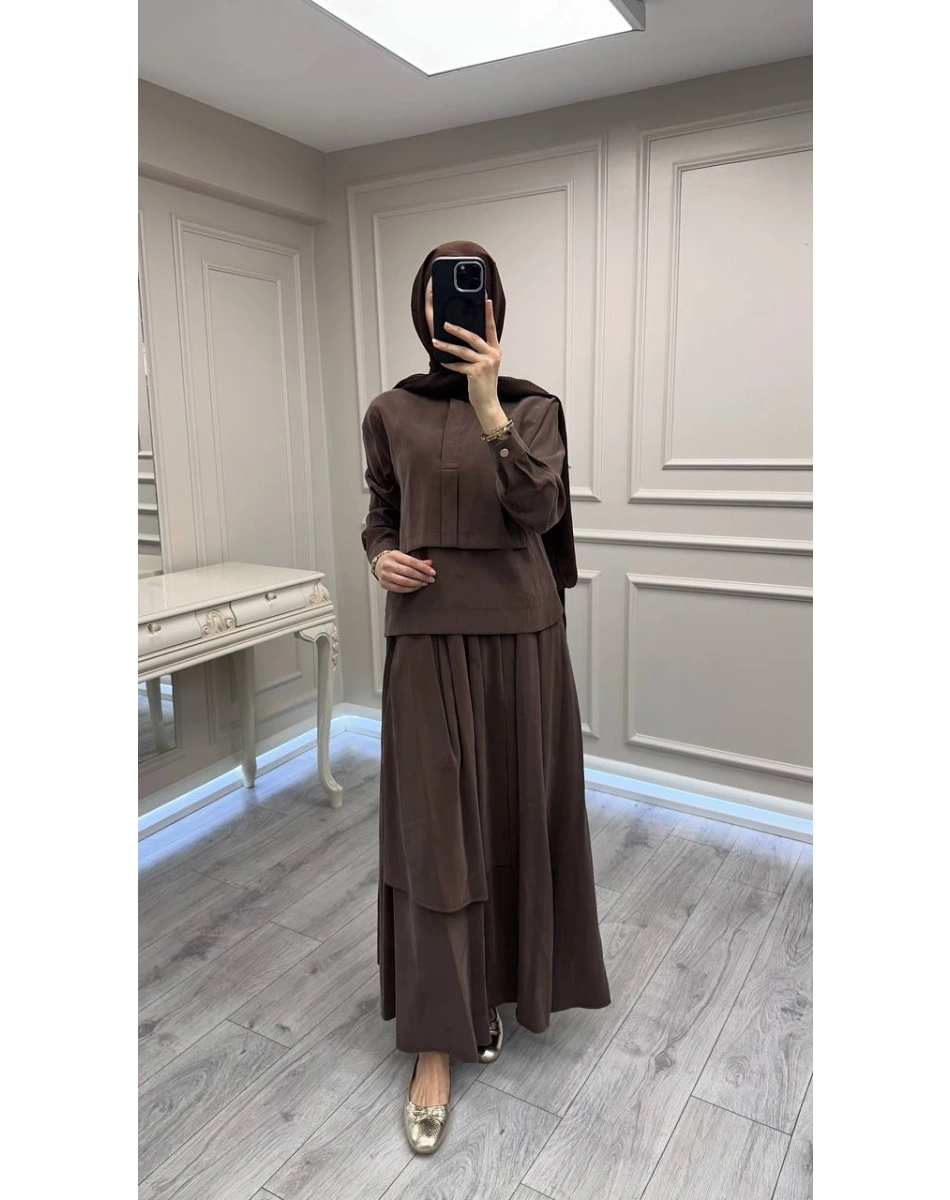 Hilay HLY0126Y101.007 Kahve Bianca Allerli Asimetrik Etekli Takım