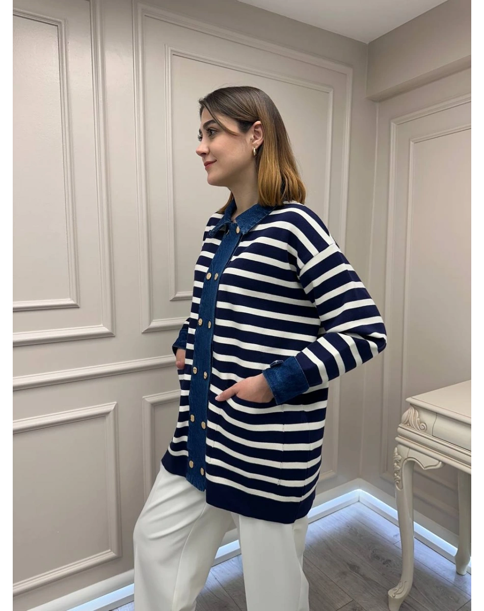 Exquise E26Y06225002 Lacivert Beyaz Gaetan Triko Hırka