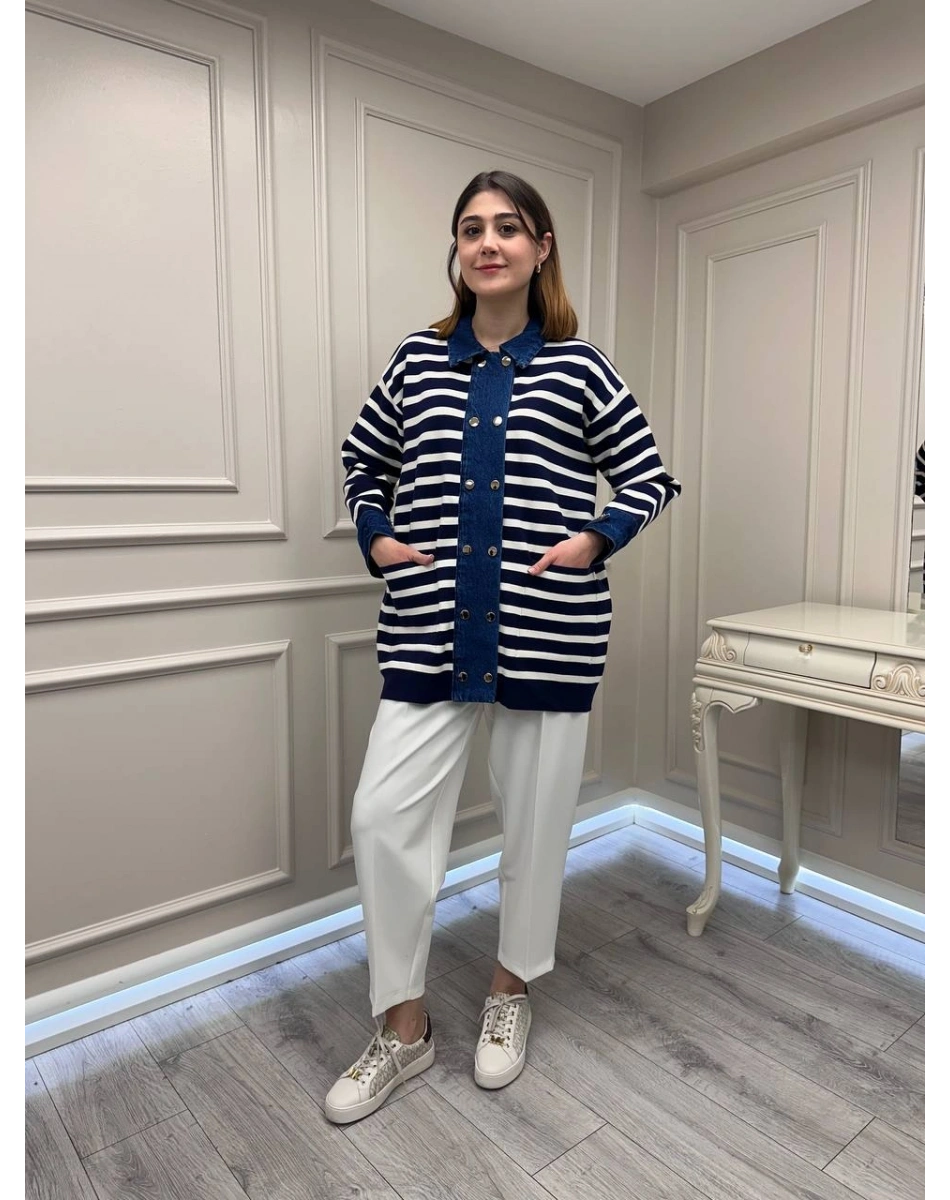 Exquise E26Y06225002 Lacivert Beyaz Gaetan Triko Hırka