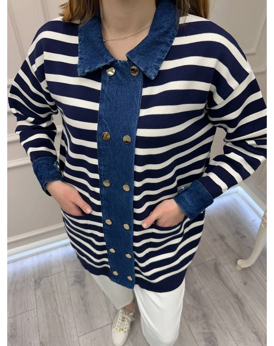 Exquise E26Y06225002 Lacivert Beyaz Gaetan Triko Hırka