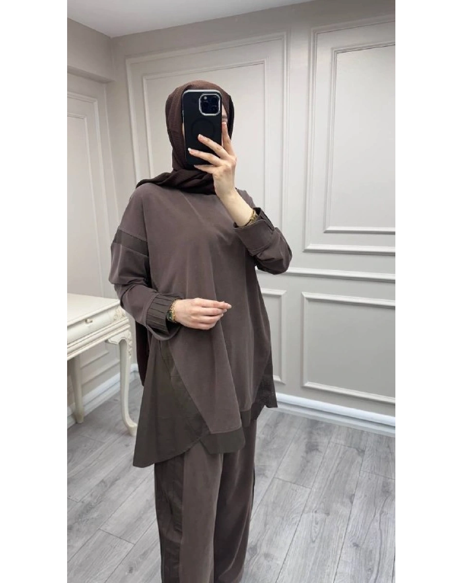 Hilay HLY0126K101.036 Kahve Icon Nervürlü Garni Kumaşlı Takım