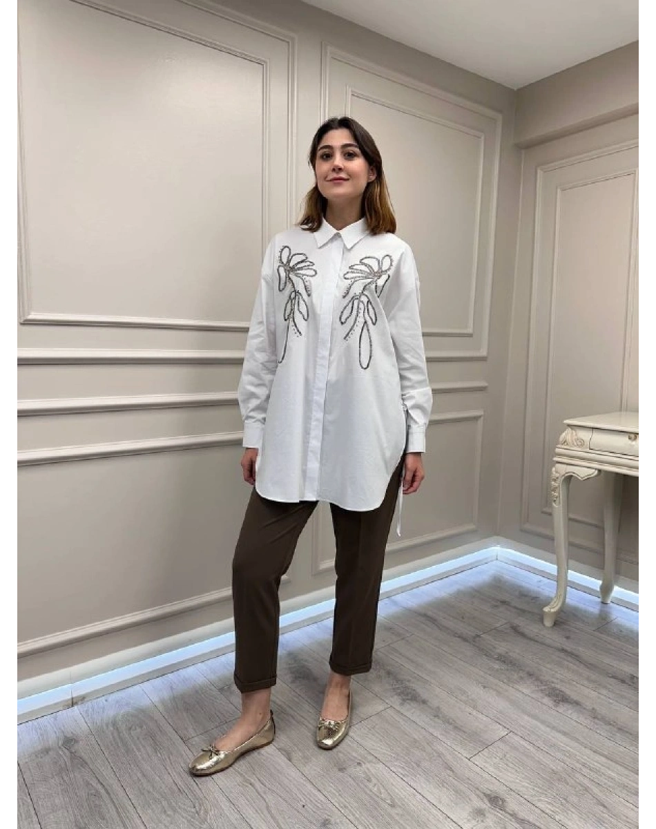 Ghisa 3610T4170B Beyaz Taş İşlemeli Tunik