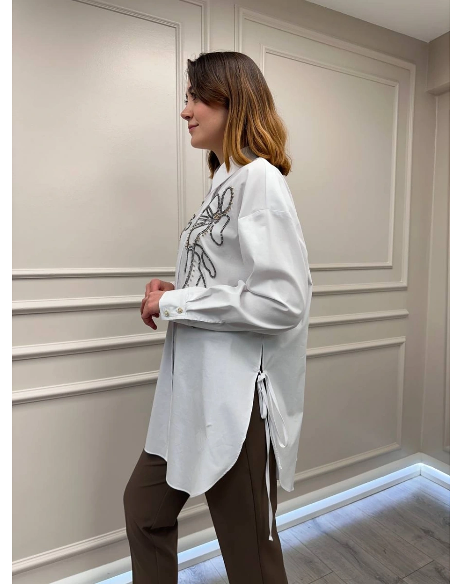 Ghisa 3610T4170B Beyaz Taş İşlemeli Tunik