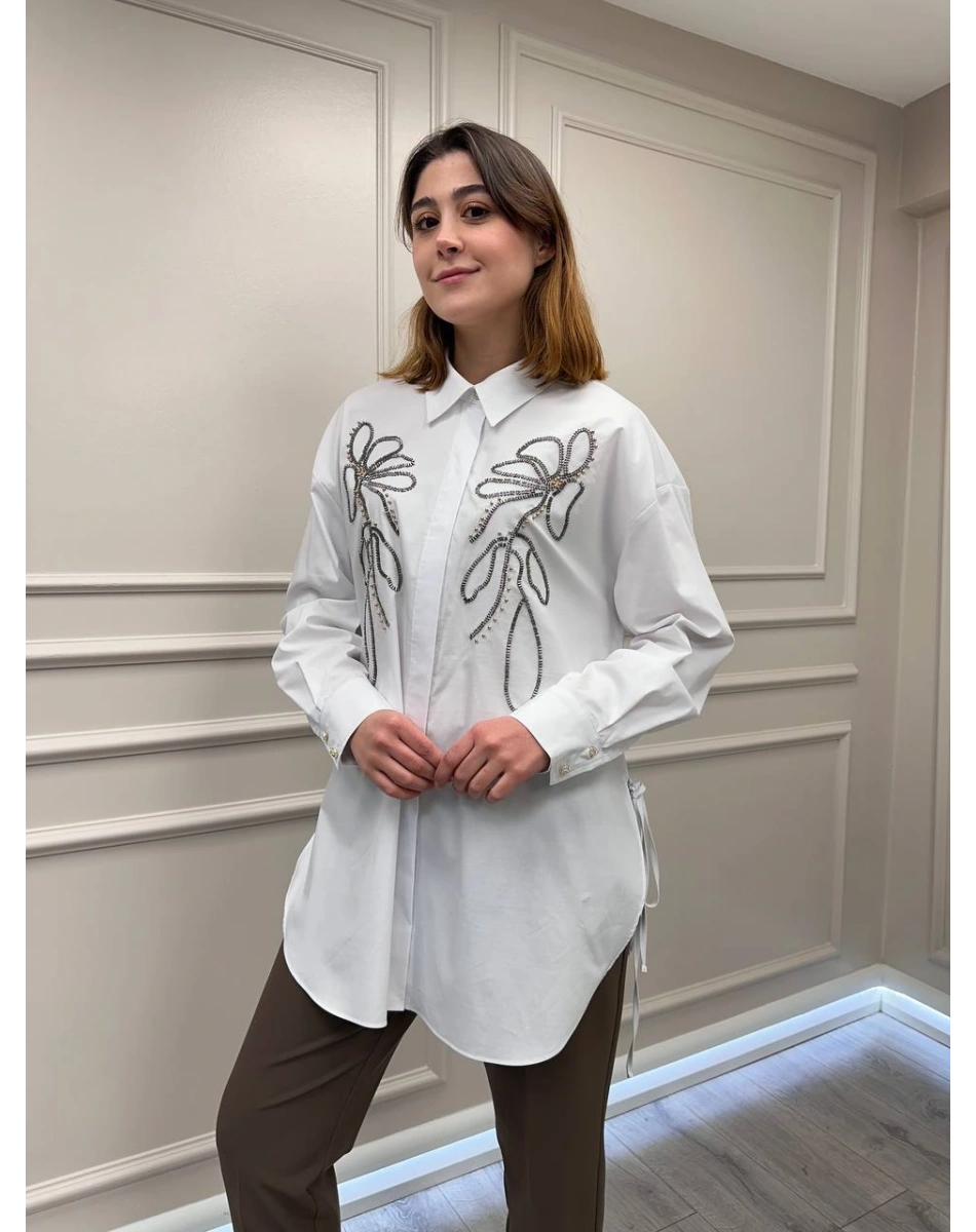 Ghisa 3610T4170B Beyaz Taş İşlemeli Tunik