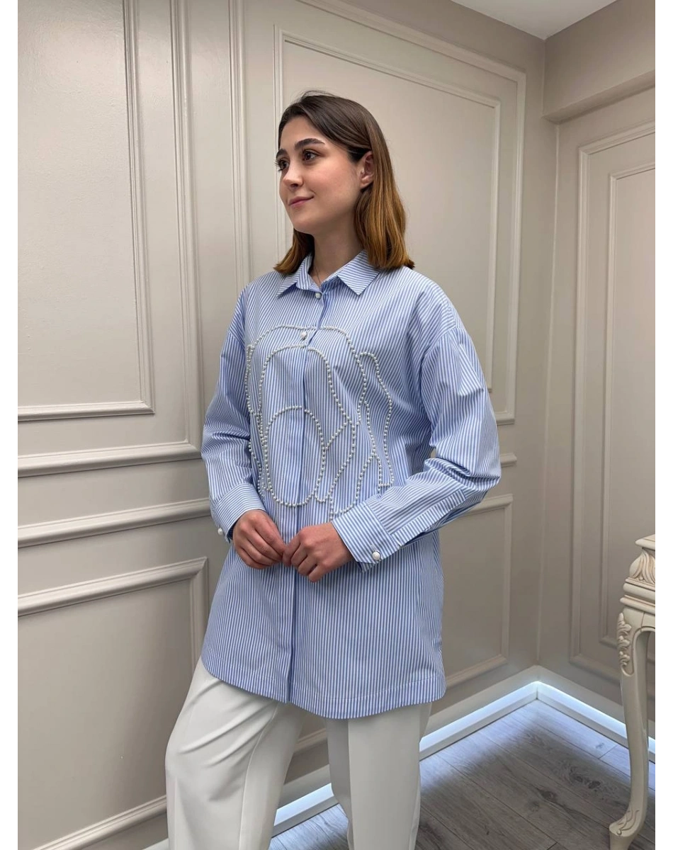 Ghisa 3610T4318 Mavi Çizgi Ve İnci Detaylı Tunik