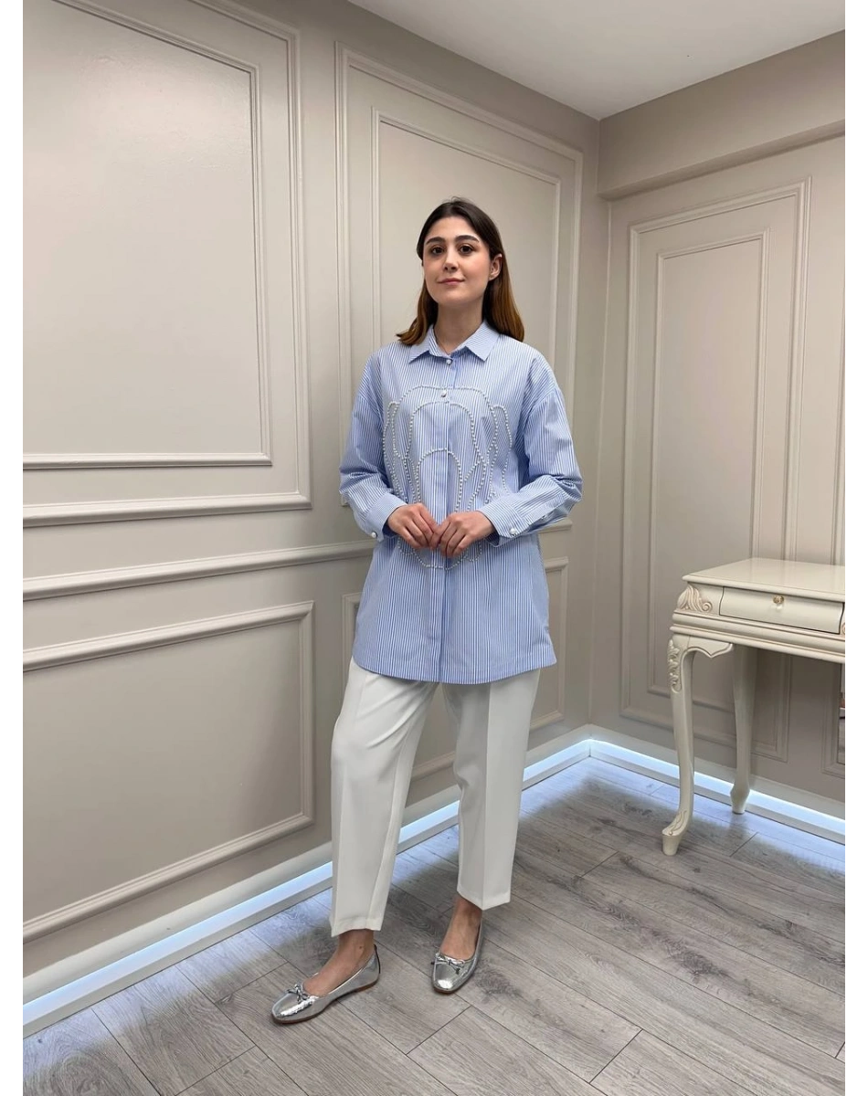 Ghisa 3610T4318 Mavi Çizgi Ve İnci Detaylı Tunik