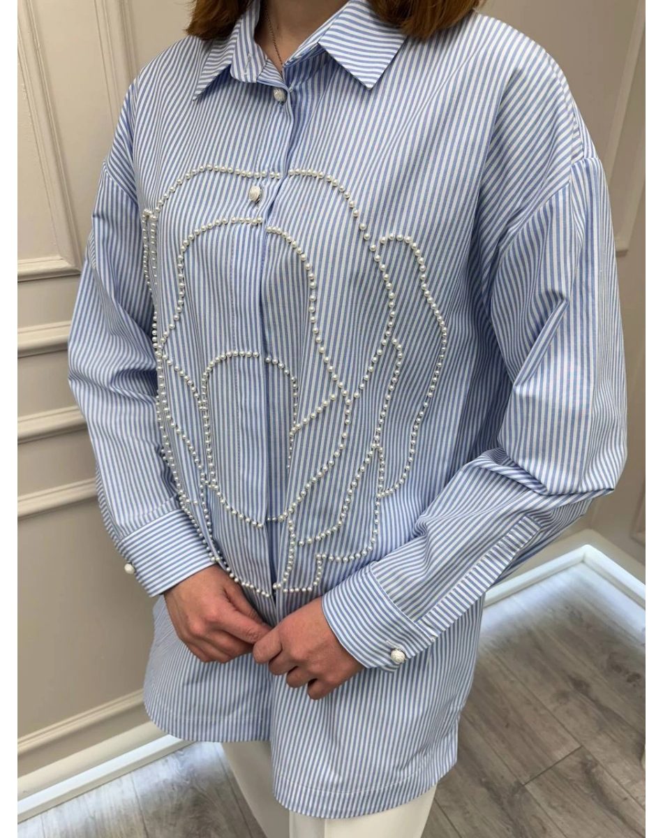 Ghisa 3610T4318 Mavi Çizgi Ve İnci Detaylı Tunik