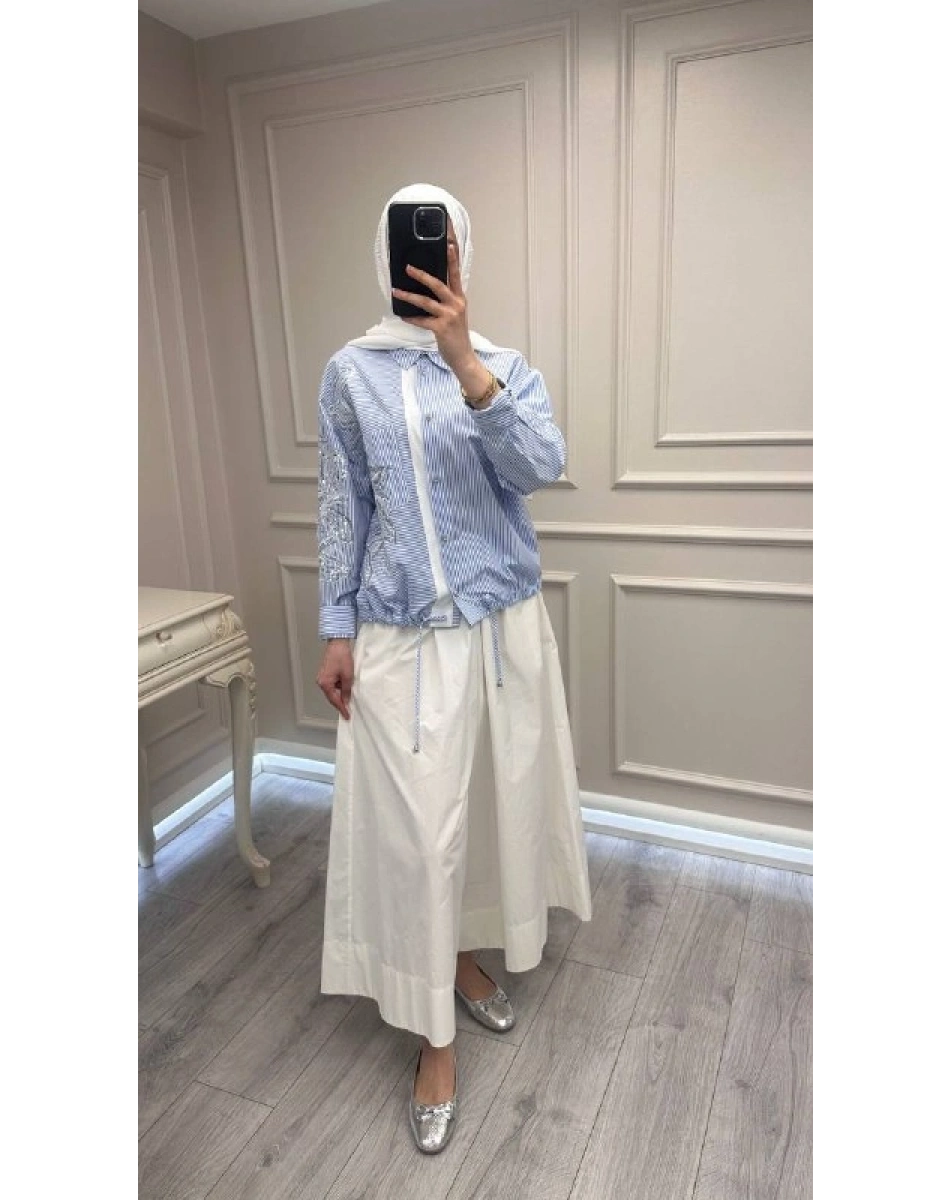 Ghisa 3610T4317 Kalın Çizgili Mavi İşleme Detaylı Tunik