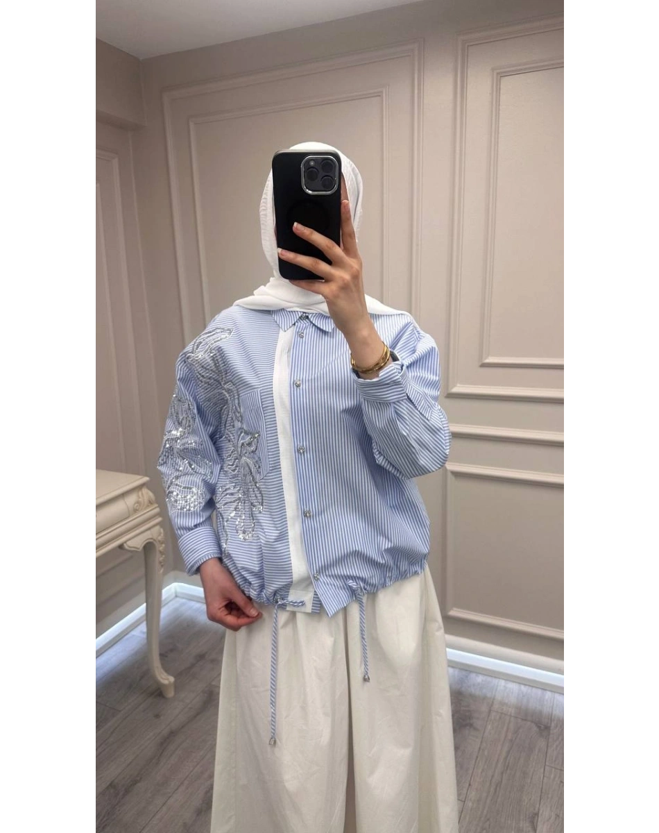 Ghisa 3610T4317 Kalın Çizgili Mavi İşleme Detaylı Tunik