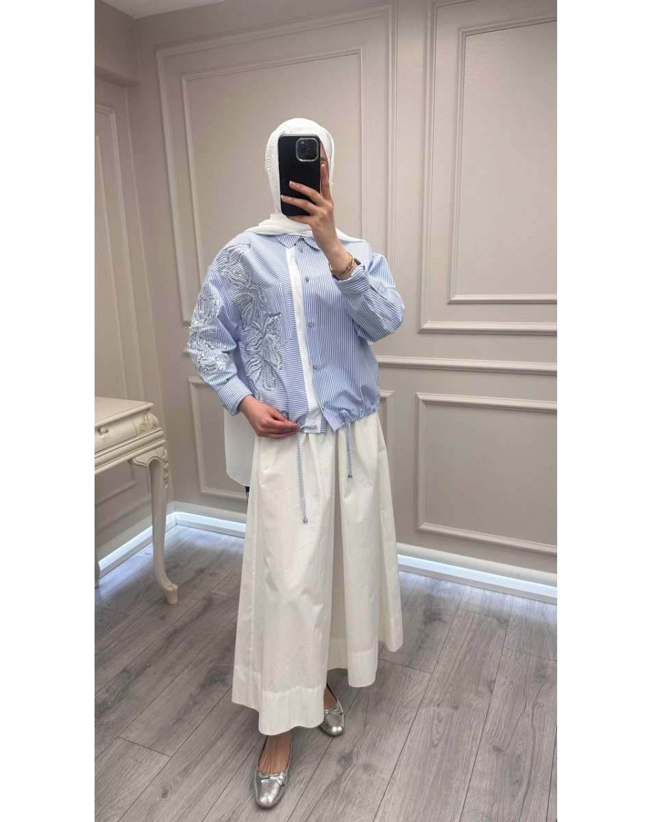 Ghisa 3610T4317 Kalın Çizgili Mavi İşleme Detaylı Tunik