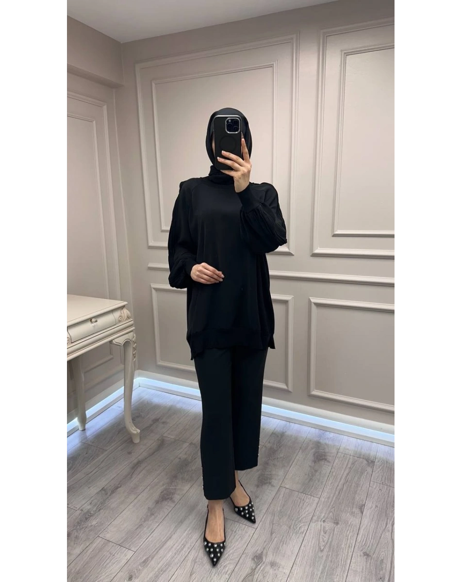 Ghisa 3630T4321 Siyah Kolları Merserize Detaylı Tunik
