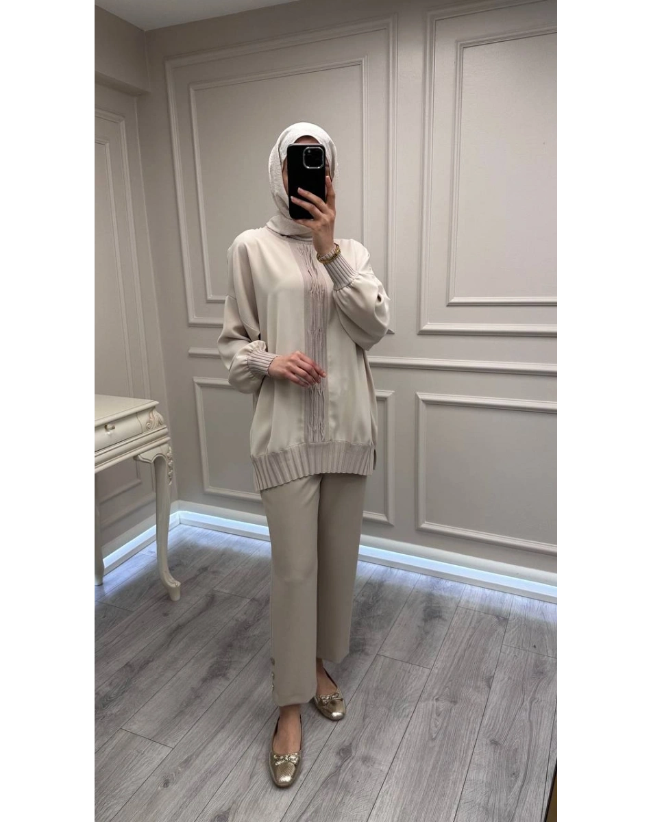 Ghisa 3630T4422 Bej Etek Ucu Ve Önü Merserize Detaylı Tunik