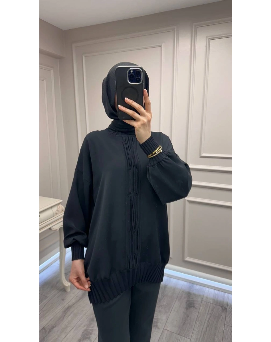 Ghisa 3630T4422 Siyah Etek Ucu Ve Önü Merserize Detaylı Tunik