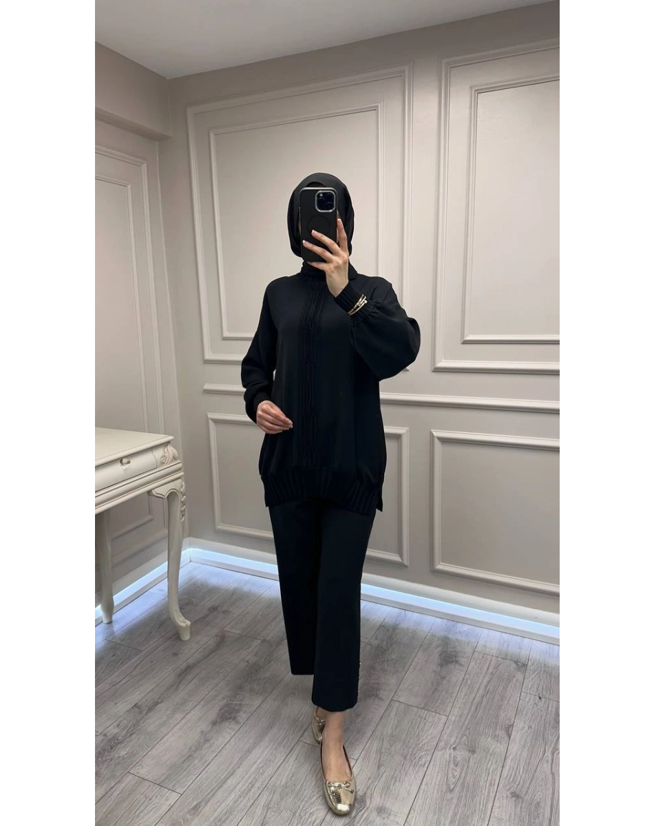 Ghisa 3630T4422 Siyah Etek Ucu Ve Önü Merserize Detaylı Tunik