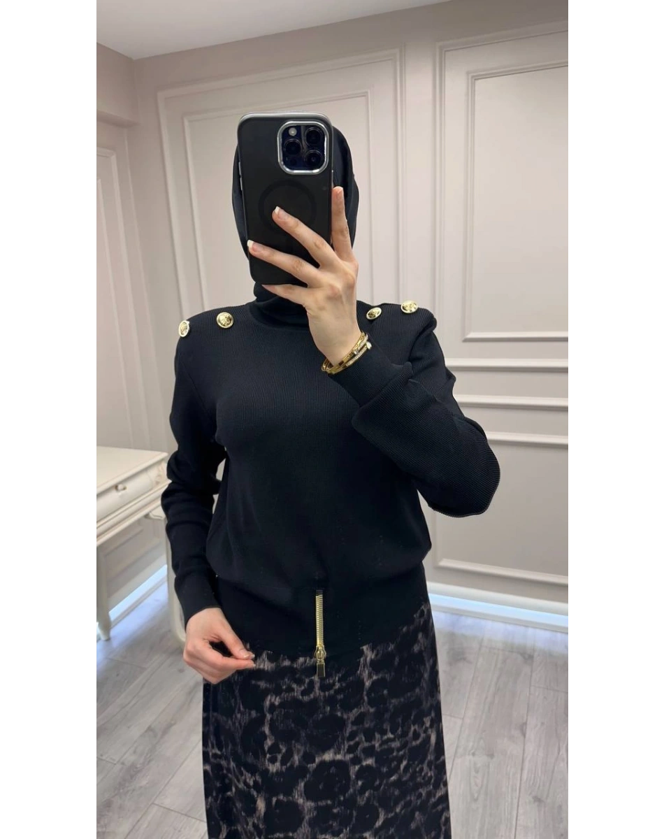 Ghisa 3620T4863 Siyah Vatkalı Fermuar Detaylı Merserize Tunik