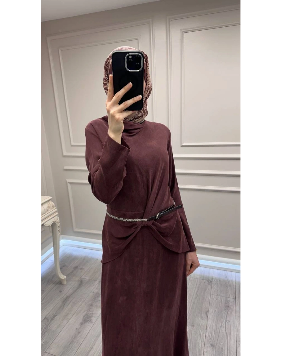 Wennora 1002 Bordo Kemer ve Bel Detaylı Elbise