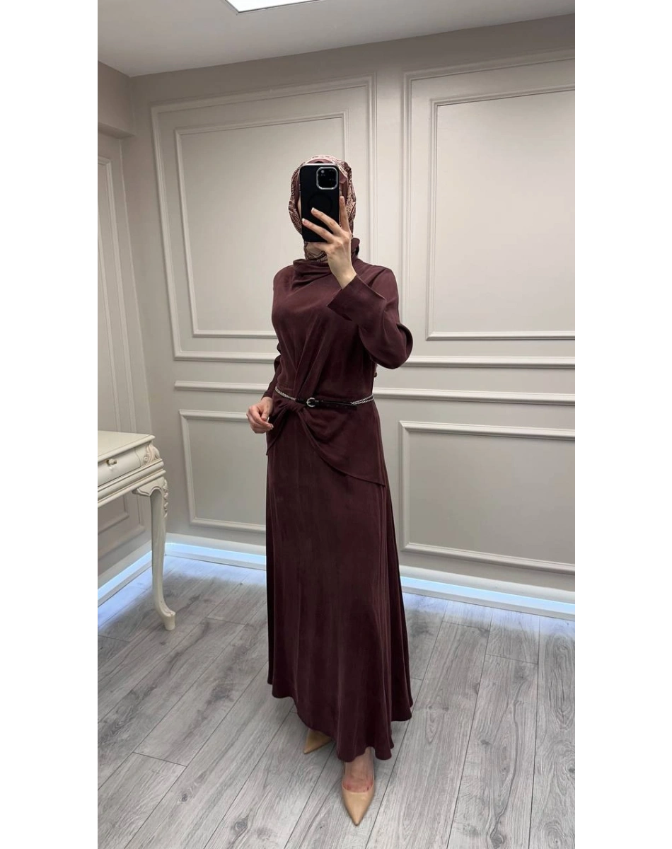 Wennora 1002 Bordo Kemer ve Bel Detaylı Elbise