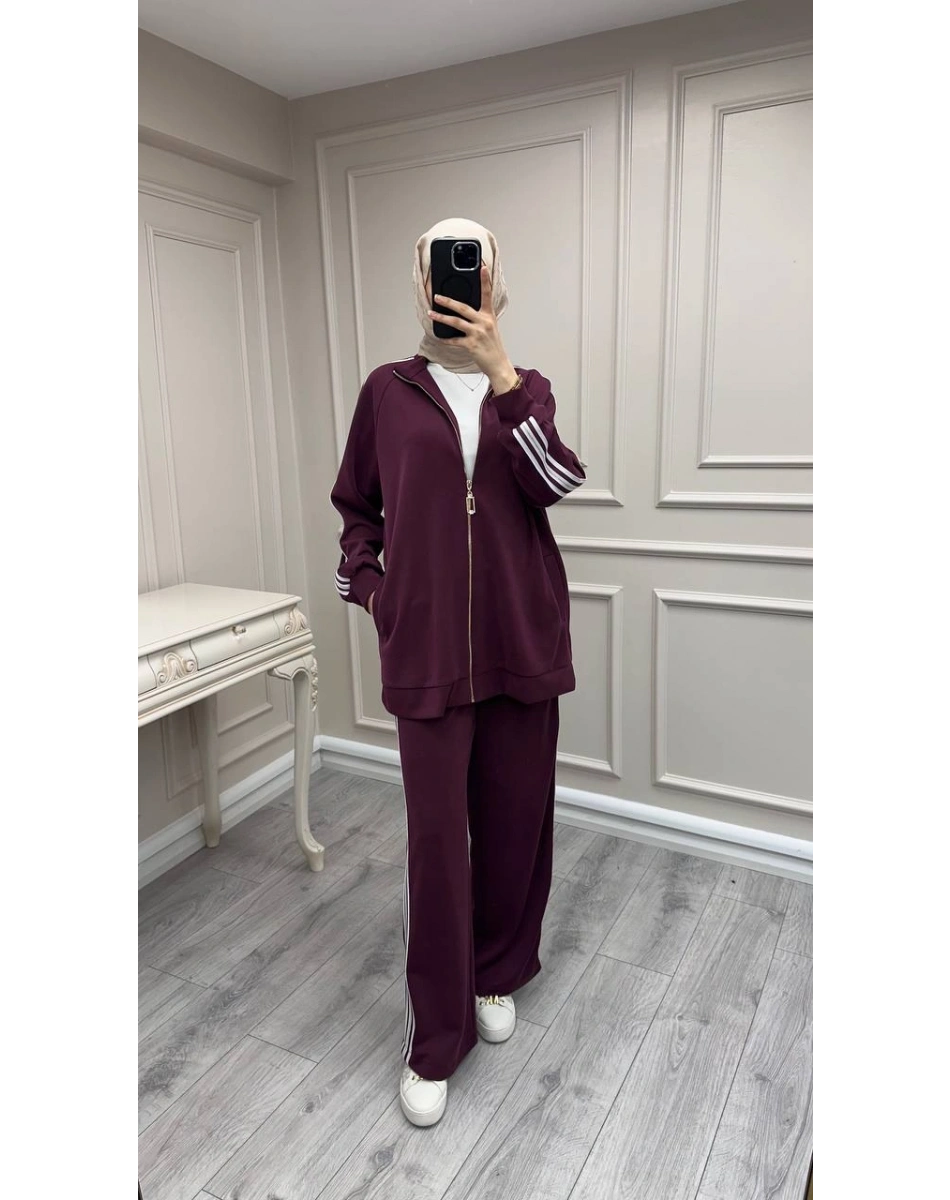 Nuss Triko 26Y1092 Mürdüm Şerit Detaylı Takım