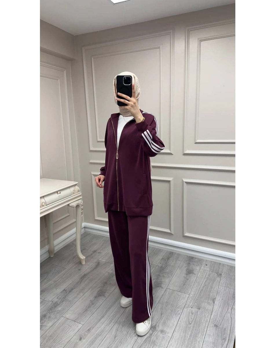 Nuss Triko 26Y1092 Mürdüm Şerit Detaylı Takım