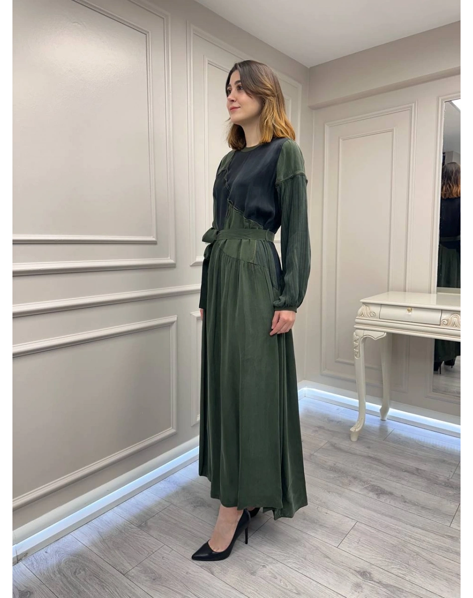 Misswhence 39801 Haki İki Renkli Elbise