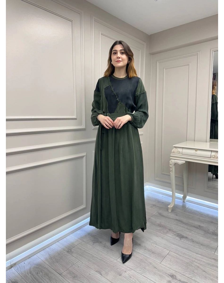 Misswhence 39801 Haki İki Renkli Elbise