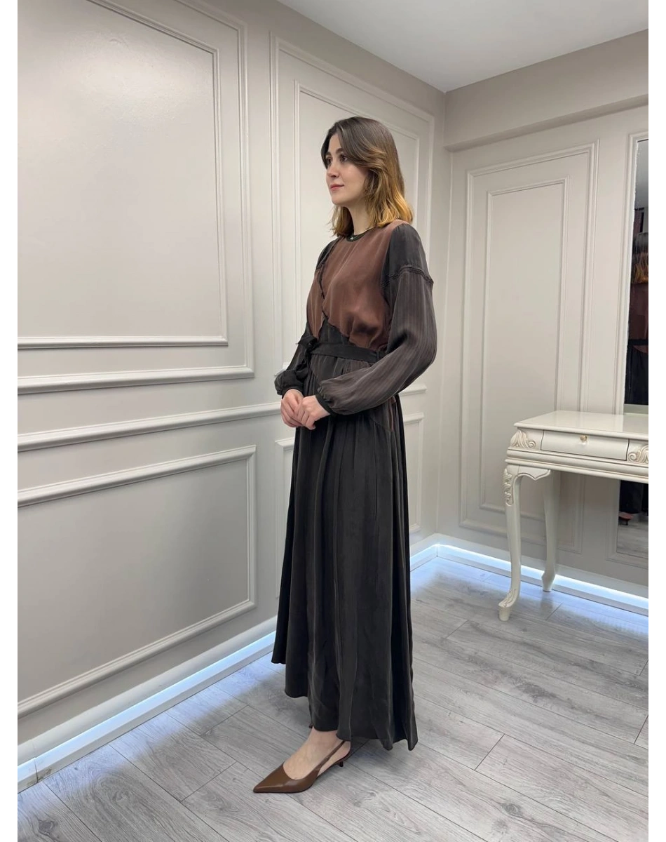 Misswhence 39801 Kahverengi İki Renkli Elbise