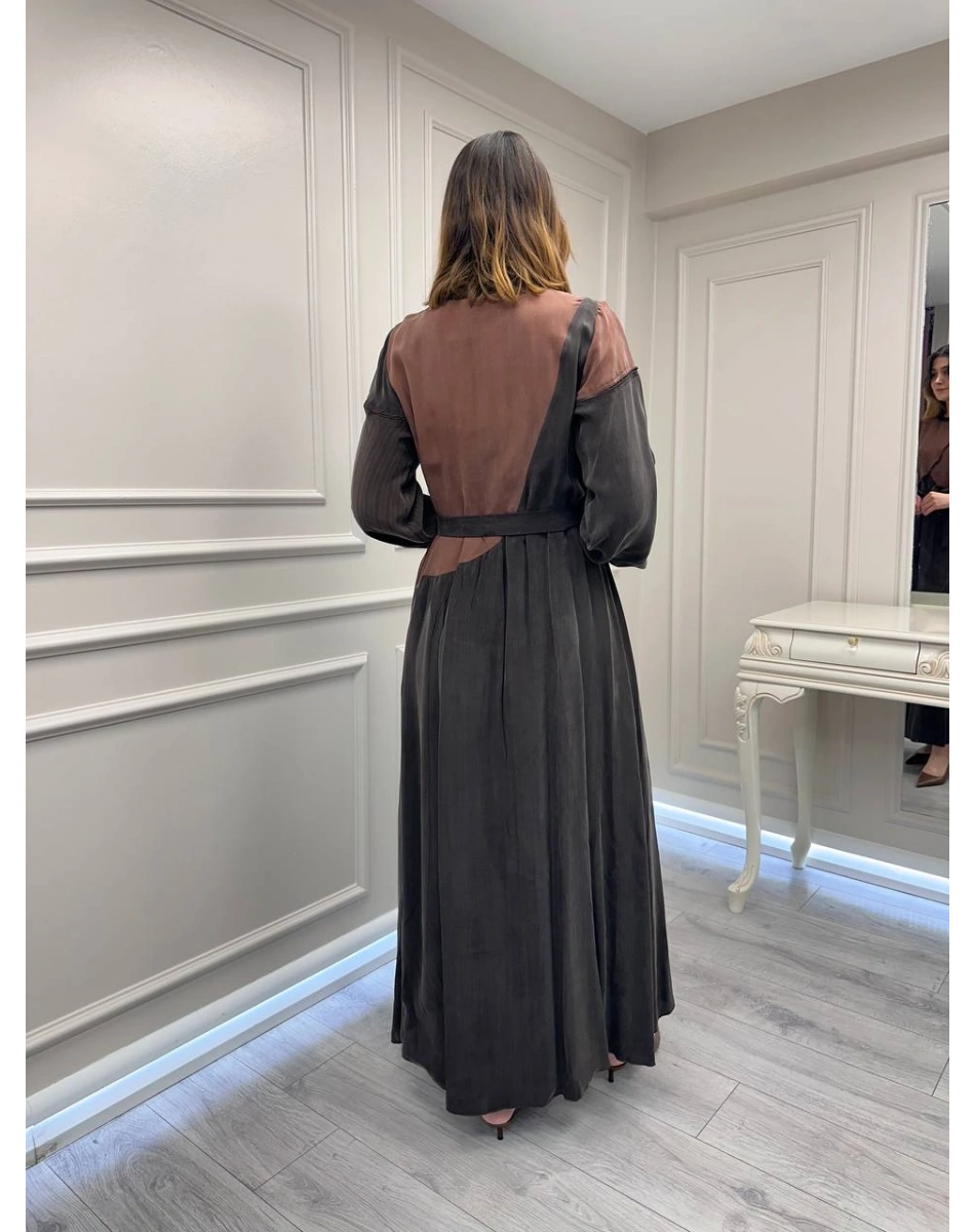 Misswhence 39801 Kahverengi İki Renkli Elbise