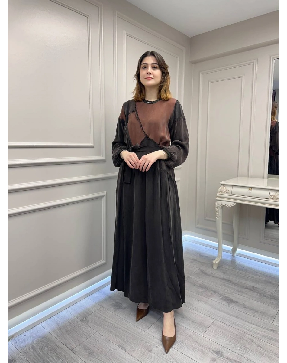 Misswhence 39801 Kahverengi İki Renkli Elbise