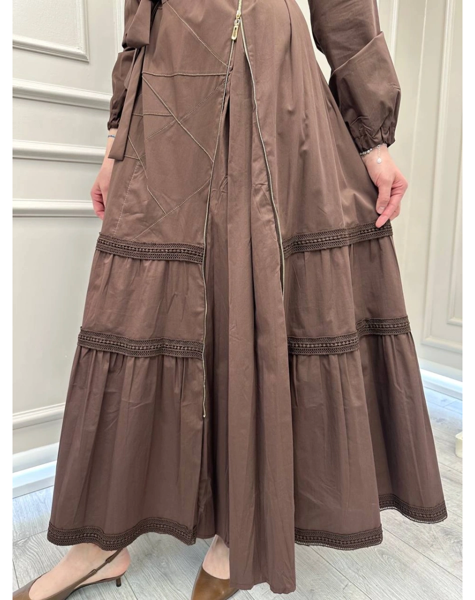 Misswhence 39807 Kahverengi Fermuar Ve Güpür Detaylı Elbise