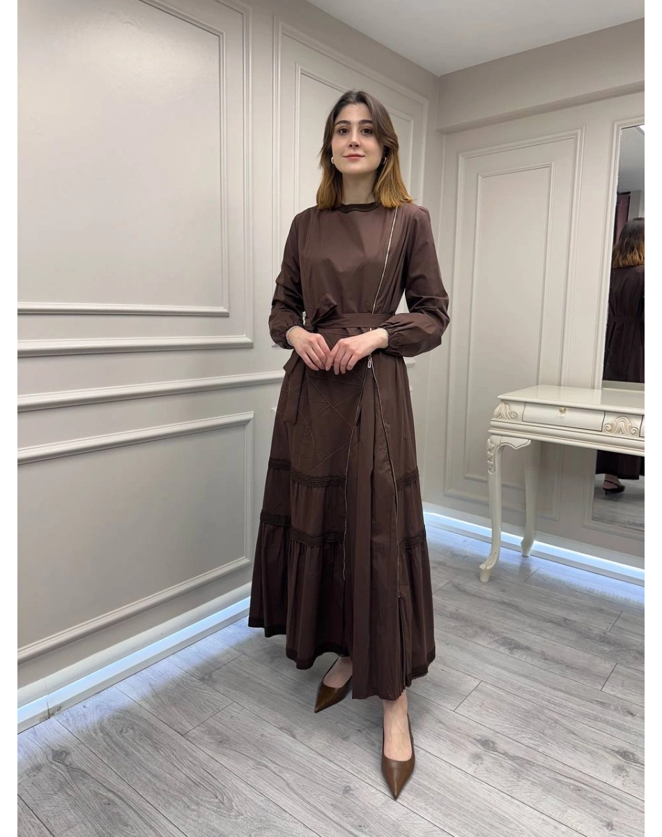 Misswhence 39807 Kahverengi Fermuar Ve Güpür Detaylı Elbise