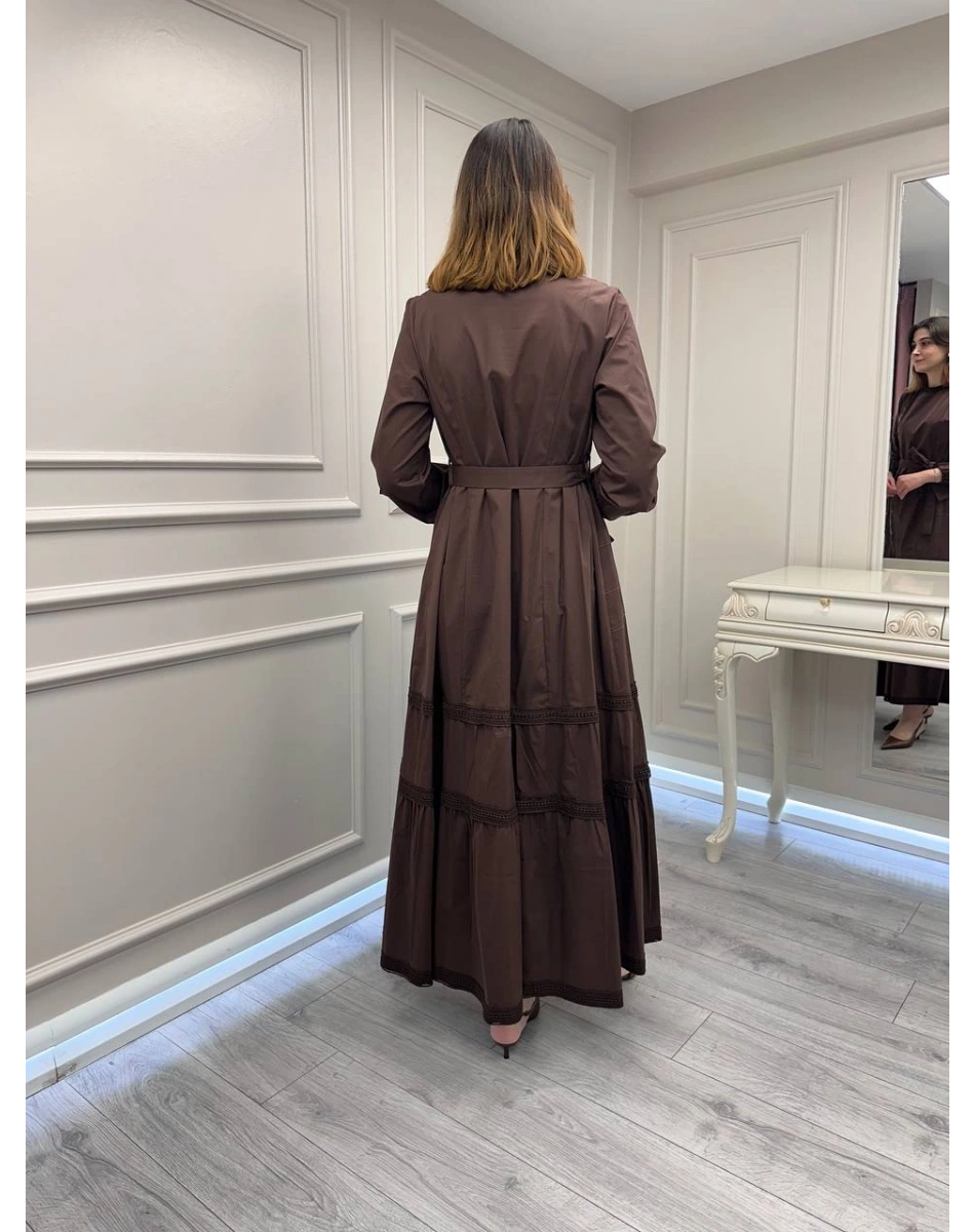 Misswhence 39807 Kahverengi Fermuar Ve Güpür Detaylı Elbise