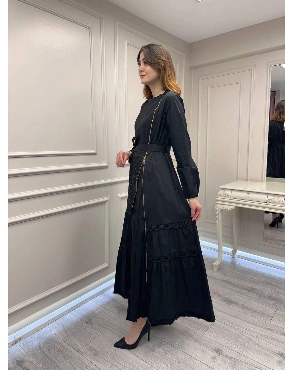 Misswhence 39807 Siyah Fermuar Ve Güpür Detaylı Elbise