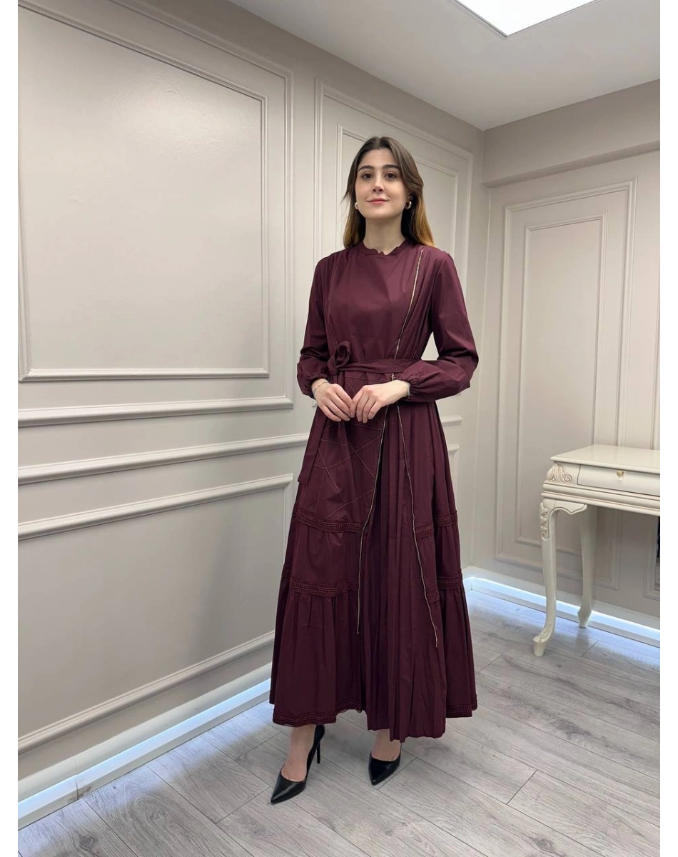 Misswhence 39807 Bordo Fermuar Ve Güpür Detaylı Elbise