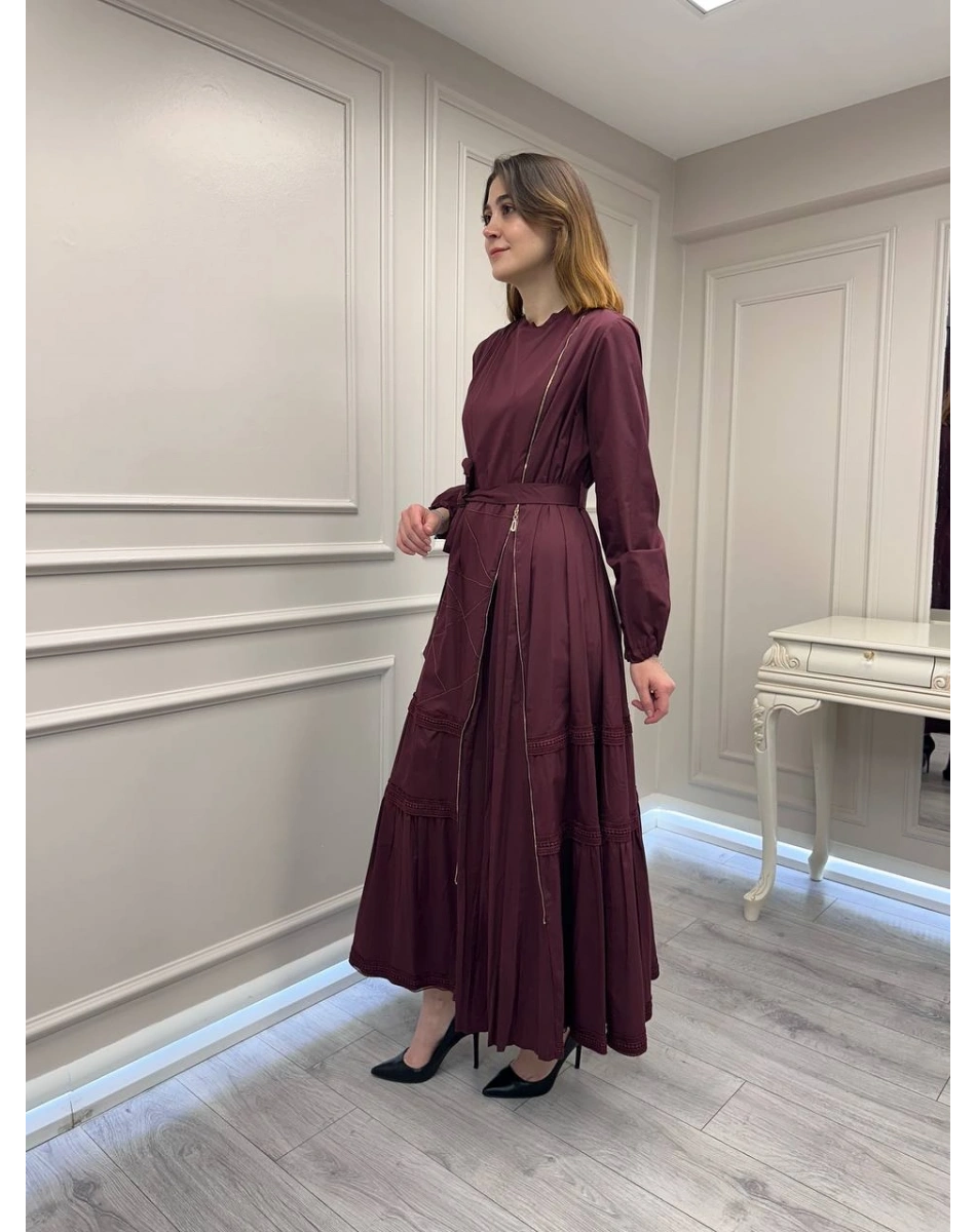 Misswhence 39807 Bordo Fermuar Ve Güpür Detaylı Elbise