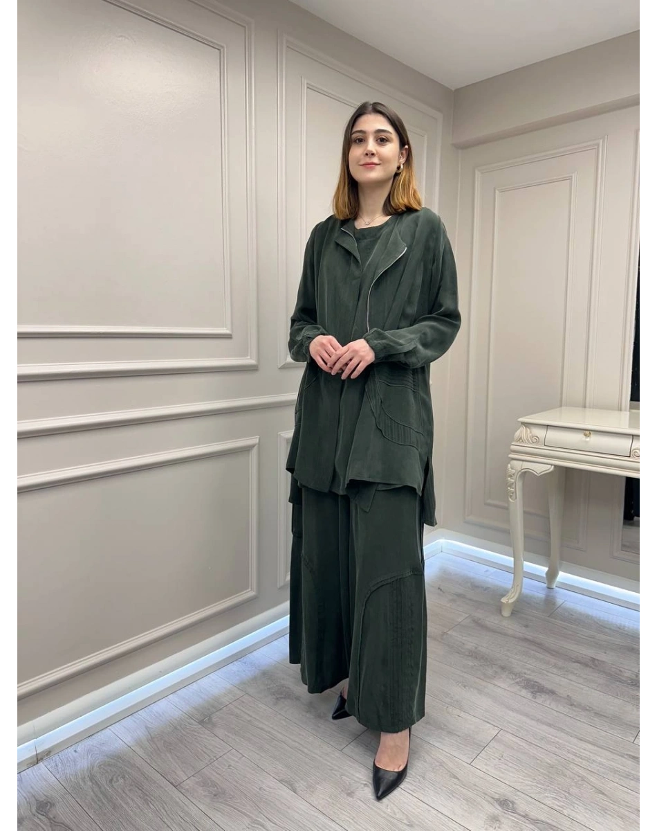 Misswhence 39208 Yeşil Tunik Arkası Yırtmaçlı Takım