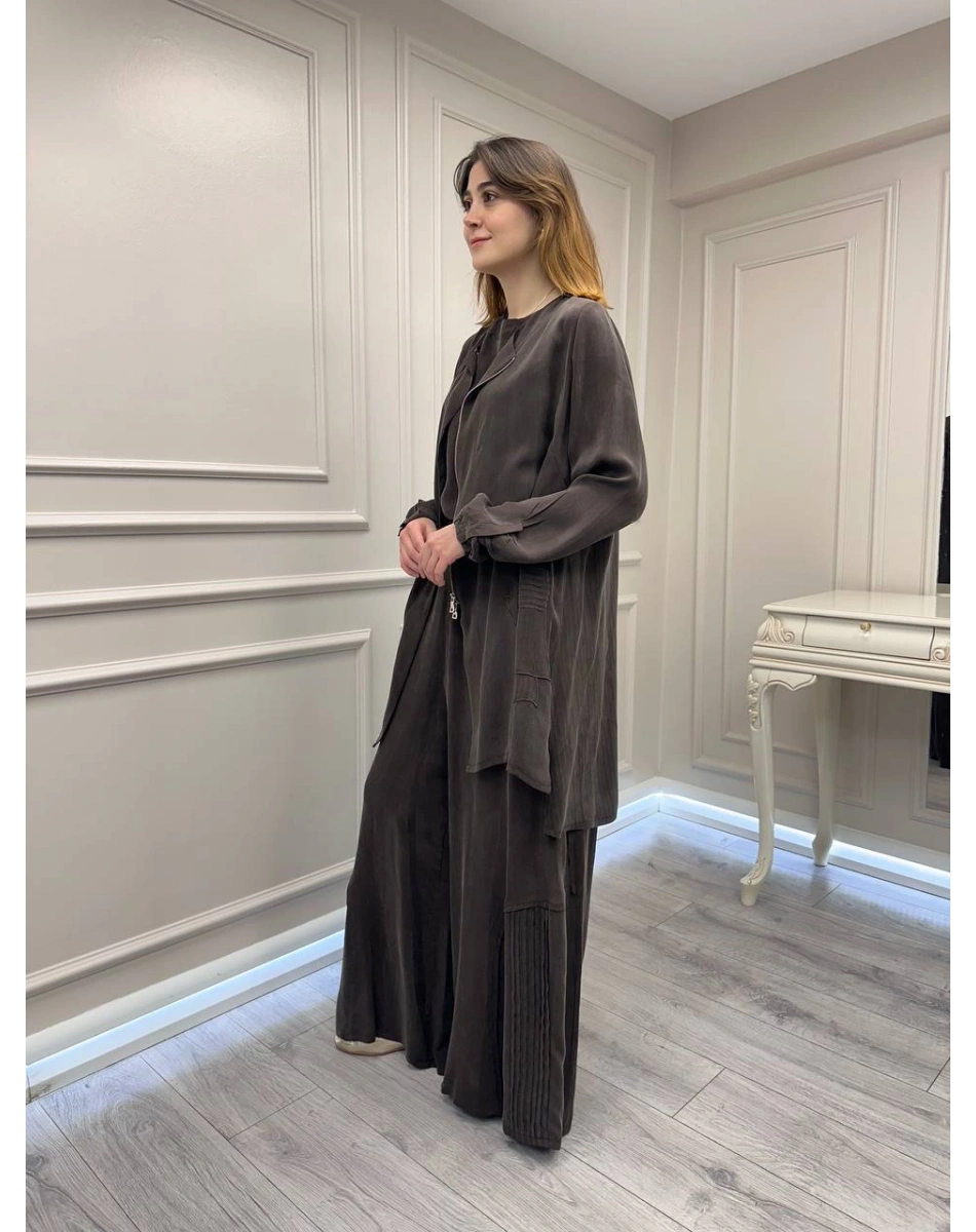 Misswhence 39208 Kahverengi Tunik Arkası Yırtmaçlı Takım